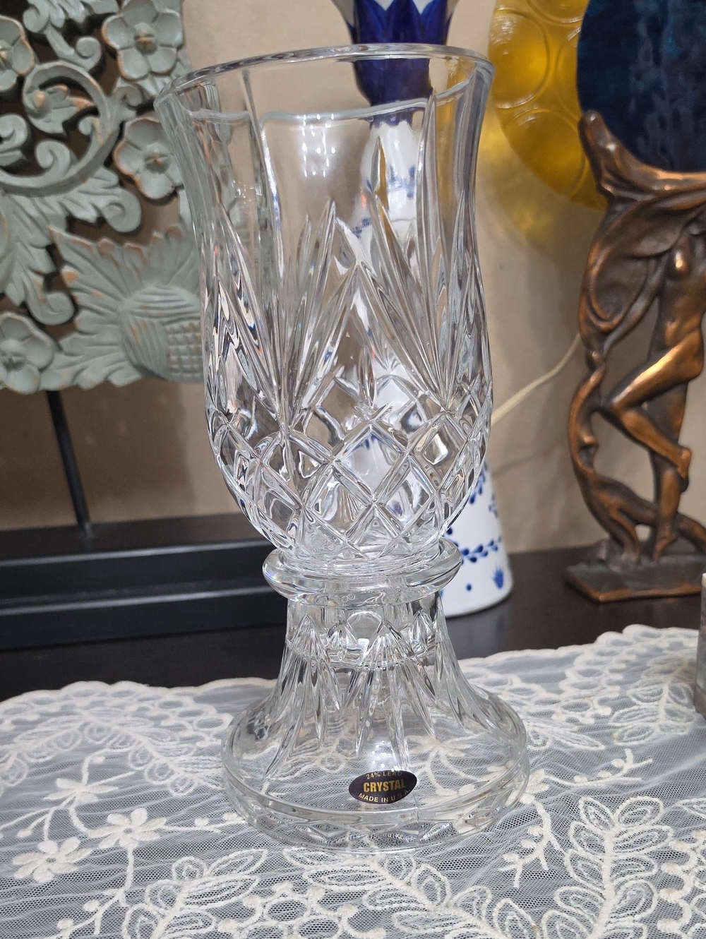 Vtg Fairy Lamp Hurricane Clear 24% Lead Crystal  - Elegant Clear Accent Made USA